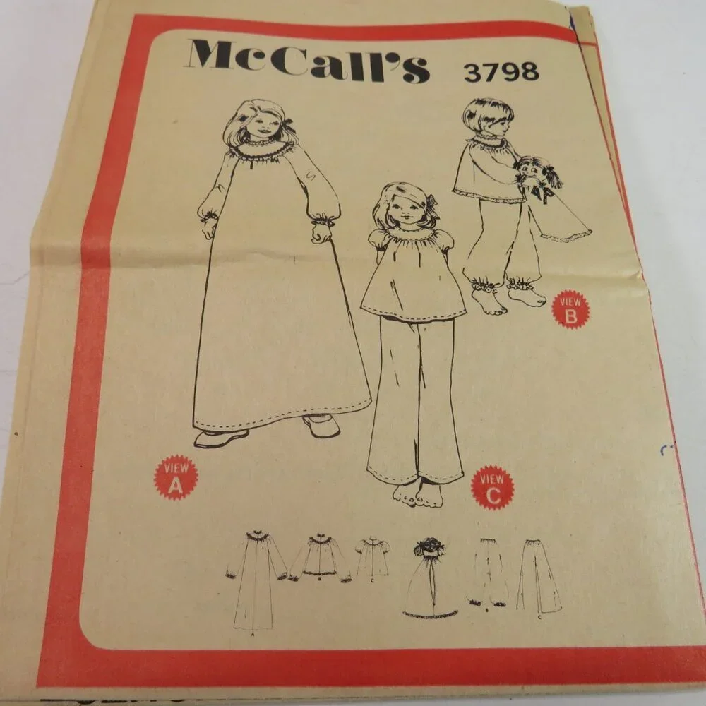 McCall's 3798 kids nightgown, pajama bag/doll, top, shorts, pants sewing pattern